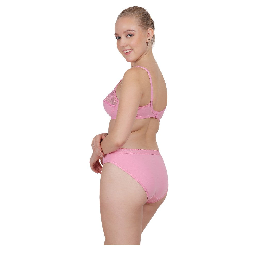 Pink Lace Set – Soft Cotton Non - Padded Full Cover B cup