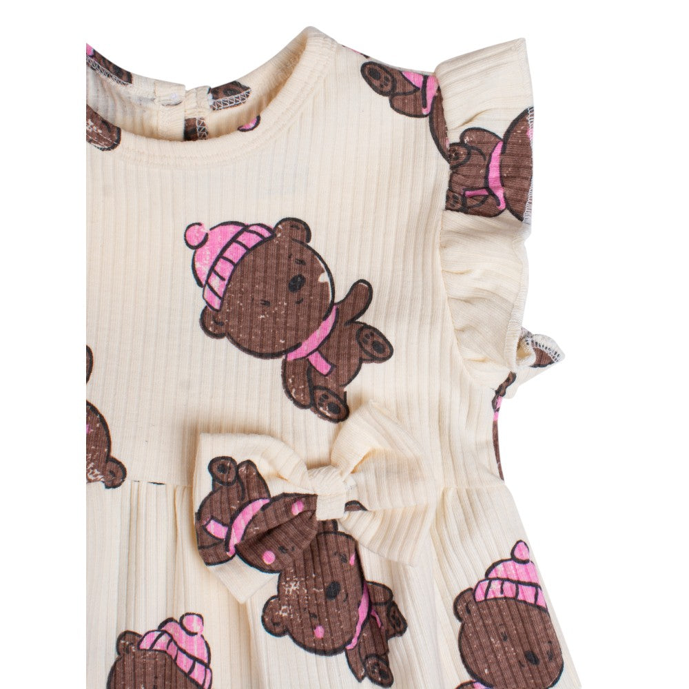 Teddy Bear Design Infant Frock – Soft Doria 100%Cotton Fabric, Stretchable Baby Dress