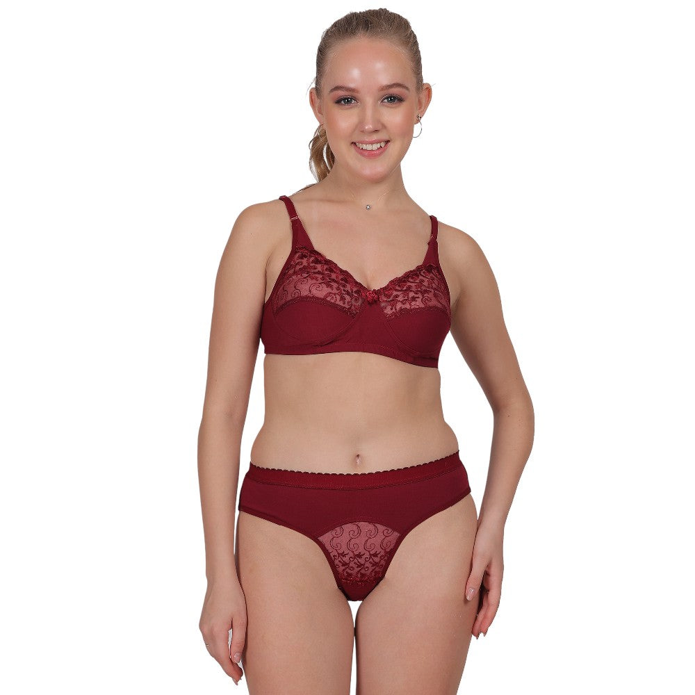 Maroon Lace Set – Soft Cotton Non - Padded Full Cover B cup