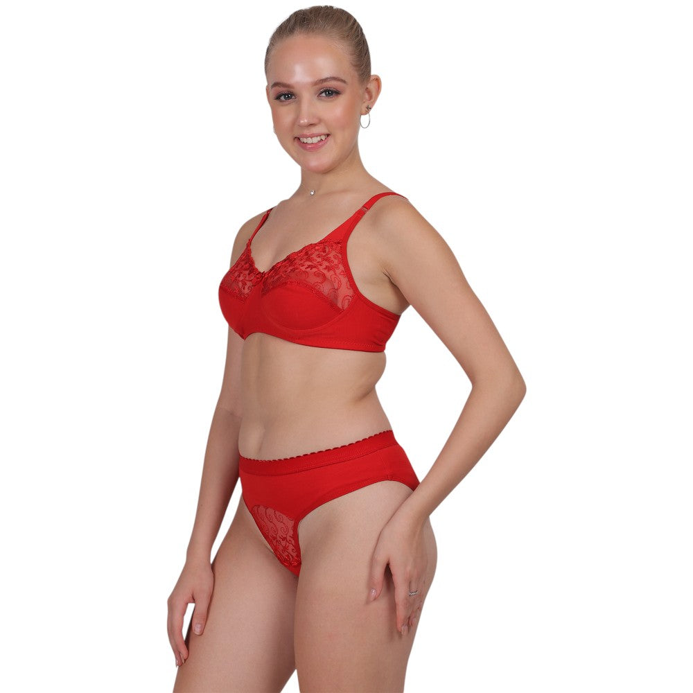 Red Lace Set – Soft Cotton Non - Padded Full Cover B cup