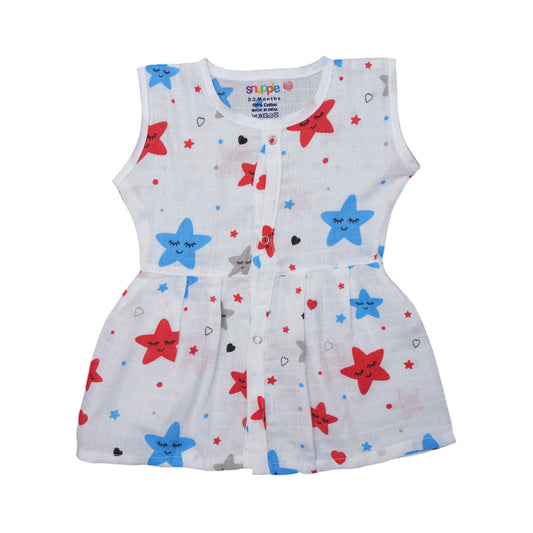 Muslin Cotton Baby Frock – Soft, Breathable Summer Wear for 0 to 12 Months (Star Design)
