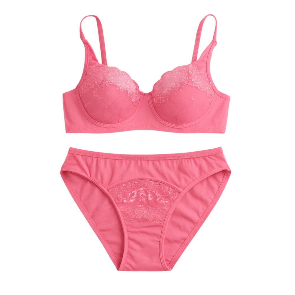 Pink Lace Set – Soft Cotton Non - Padded Full Cover B cup