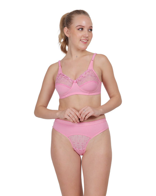 Pink Lace Set – Soft Cotton Non - Padded Full Cover B cup