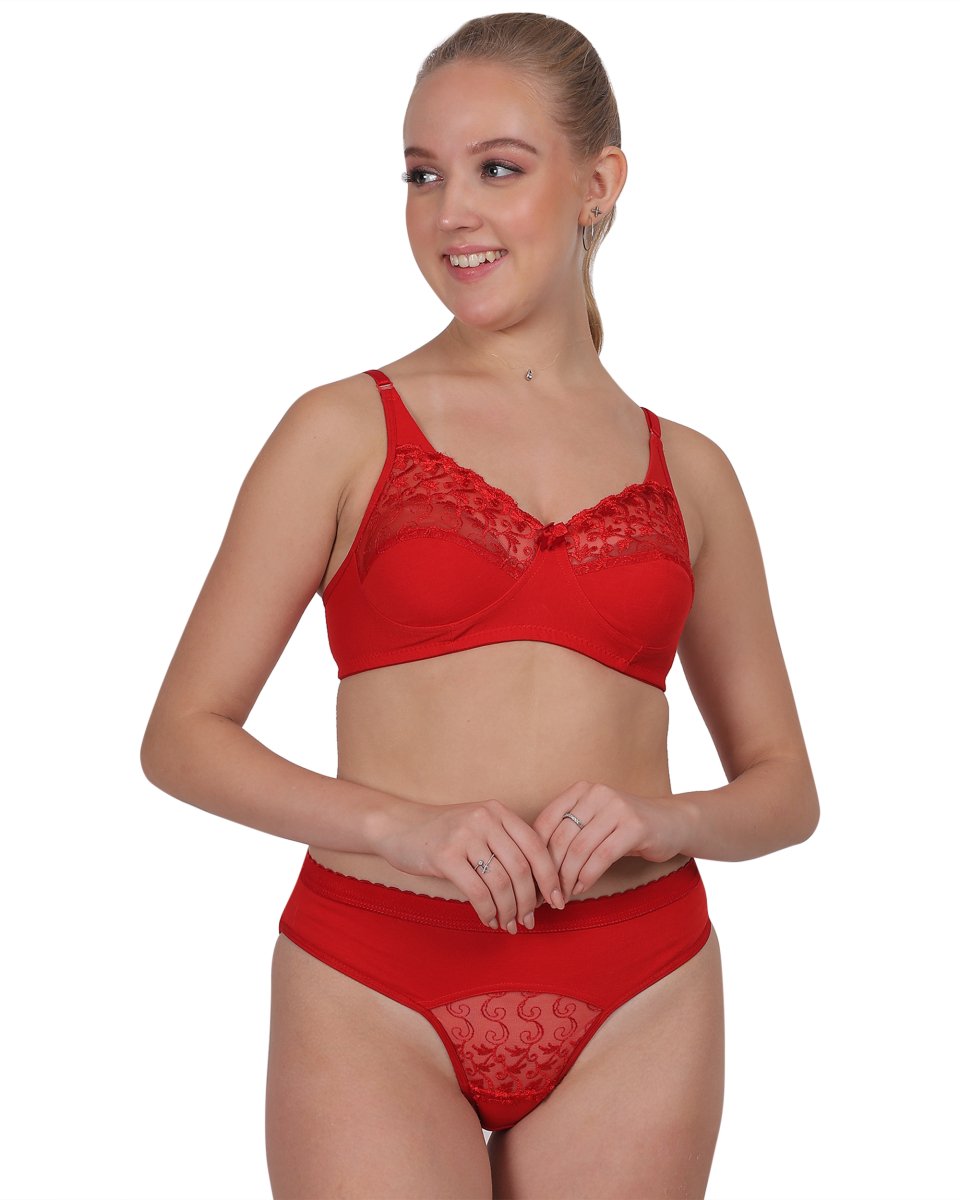 Red Lace Set – Soft Cotton Non - Padded Full Cover B cup