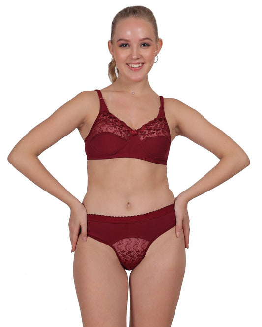 Maroon Lace Set – Soft Cotton Non - Padded Full Cover B cup